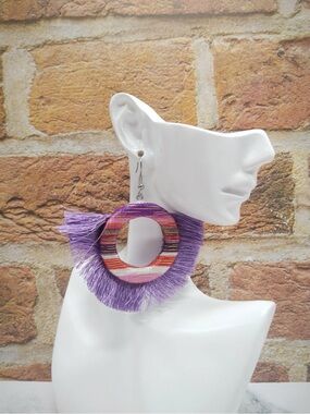 Boho Tassel Raffia Statement Earrings Purple Fringe Round Pair